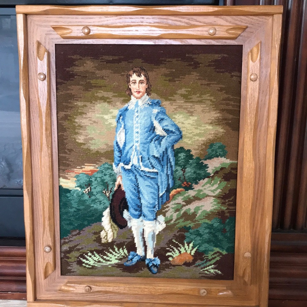 Blue Boy Needlepoint Portrait Wall Art in Wood Frame